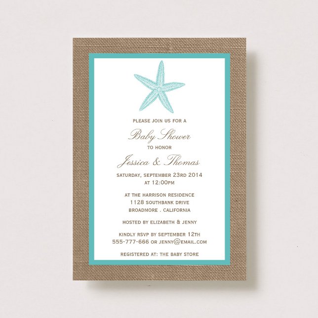 Turquoise Starfish Burlap Beach Baby Dusche Einladung (Von Creator hochgeladen)