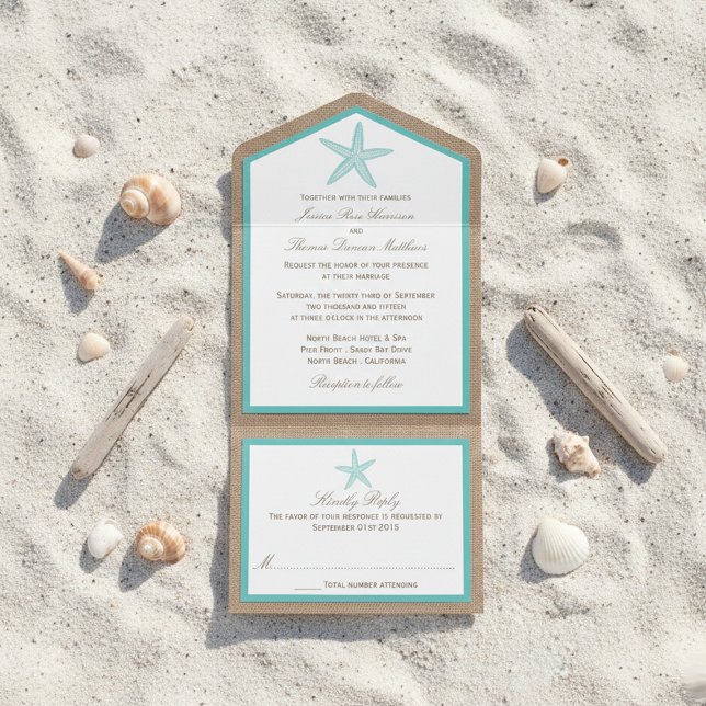 Turquoise Starfish Burlap Beach Wedding Collection All In One Einladung (Von Creator hochgeladen)