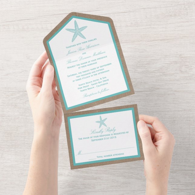 Turquoise Starfish Burlap Beach Wedding Collection All In One Einladung (Abreißen)