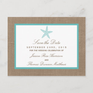 Turquoise Starfish Burlap Beach Wedding Collection Ankündigungspostkarte