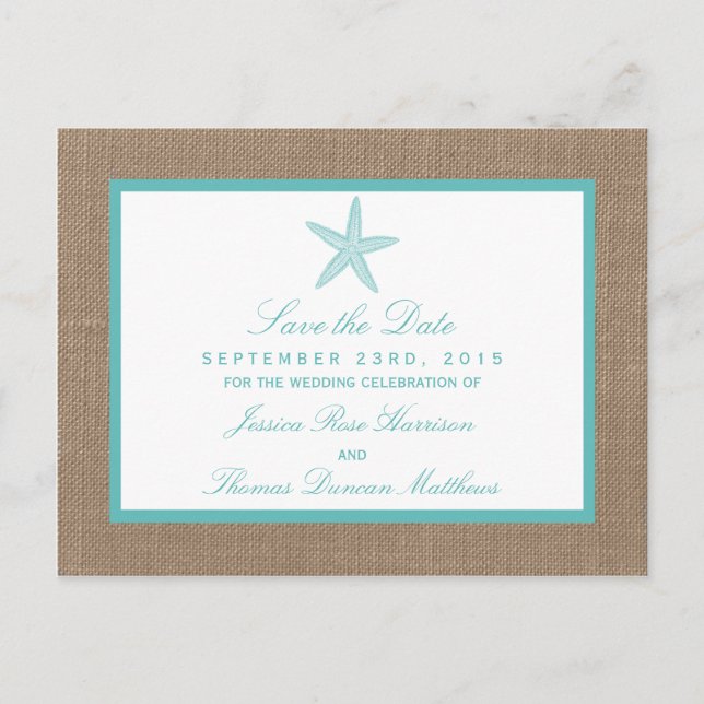 Turquoise Starfish Burlap Beach Wedding Collection Ankündigungspostkarte (Vorderseite)