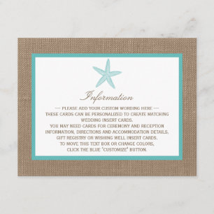 Turquoise Starfish Burlap Beach Wedding Collection Begleitkarte