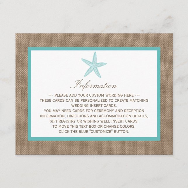 Turquoise Starfish Burlap Beach Wedding Collection Begleitkarte (Vorderseite)