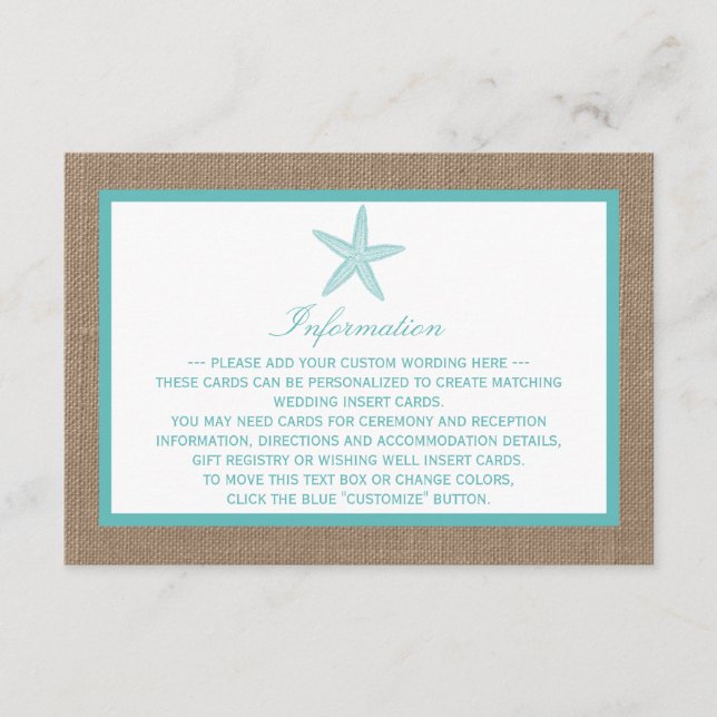 Turquoise Starfish Burlap Beach Wedding Collection Begleitkarte (Vorderseite)