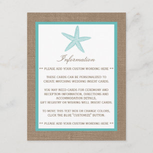 Turquoise Starfish Burlap Beach Wedding Collection Begleitkarte