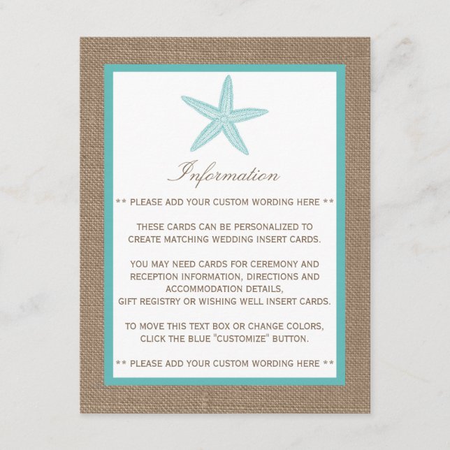 Turquoise Starfish Burlap Beach Wedding Collection Begleitkarte (Vorderseite)
