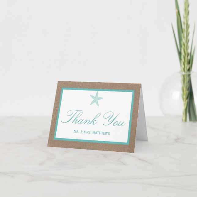 Turquoise Starfish Burlap Beach Wedding Collection Dankeskarte (Vorderseite)