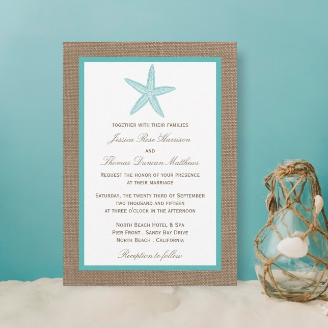 Turquoise Starfish Burlap Beach Wedding Collection Einladung (Von Creator hochgeladen)