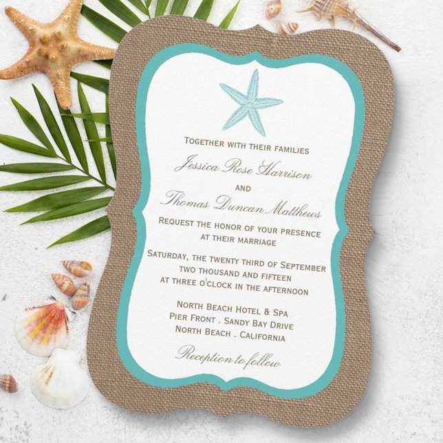 Turquoise Starfish Burlap Beach Wedding Collection Einladung (Von Creator hochgeladen)