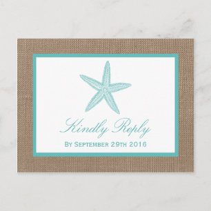 Turquoise Starfish Burlap Beach Wedding Collection Einladungspostkarte