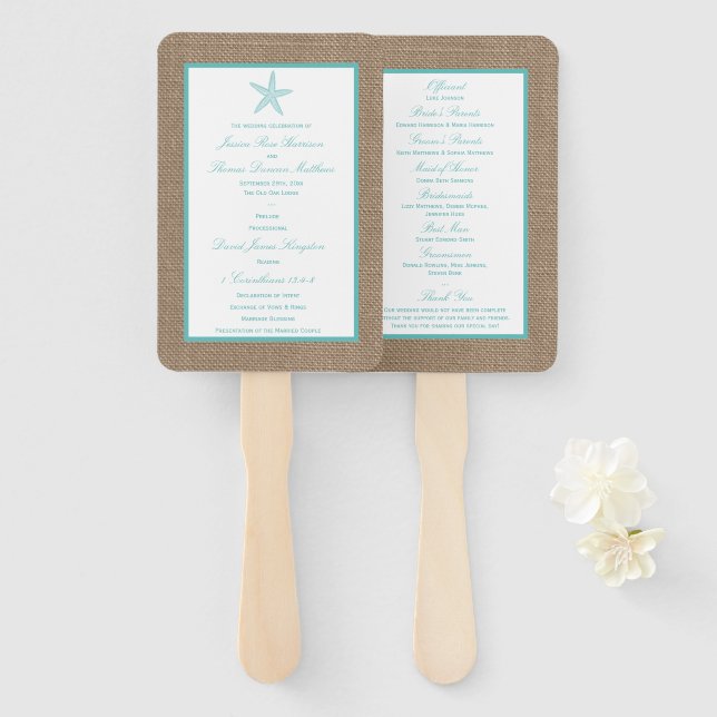 Turquoise Starfish Burlap Beach Wedding Collection Fächer (Vorne und Hinten)