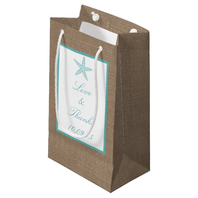 Turquoise Starfish Burlap Beach Wedding Collection Kleine Geschenktüte (Vorderseite Schrägansicht)