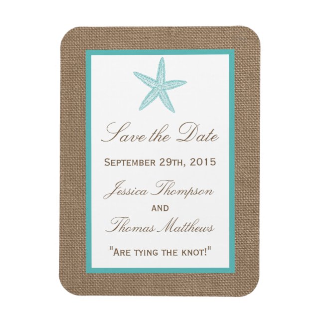 Turquoise Starfish Burlap Beach Wedding Collection Magnet (Vertikal)