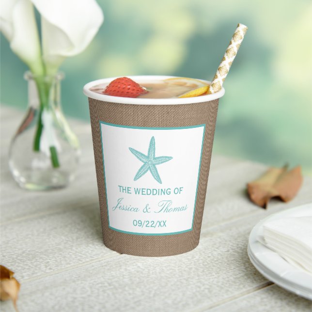 Turquoise Starfish Burlap Beach Wedding Collection Pappbecher (In Situ)