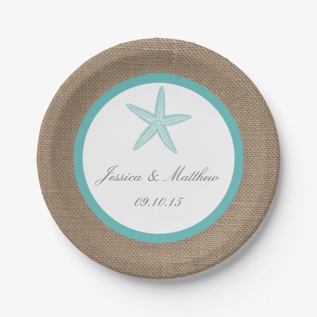 Turquoise Starfish Burlap Beach Wedding Collection Pappteller (Vorderseite)