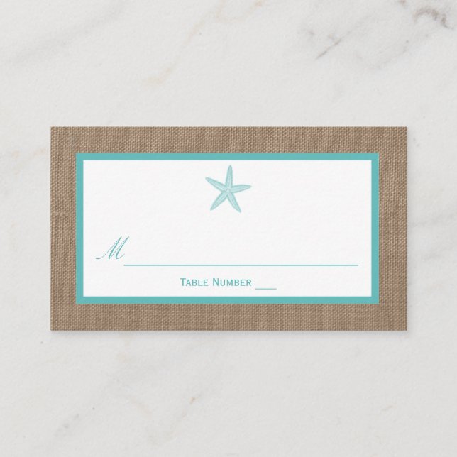 Turquoise Starfish Burlap Beach Wedding Collection Platzkarte (Vorderseite)