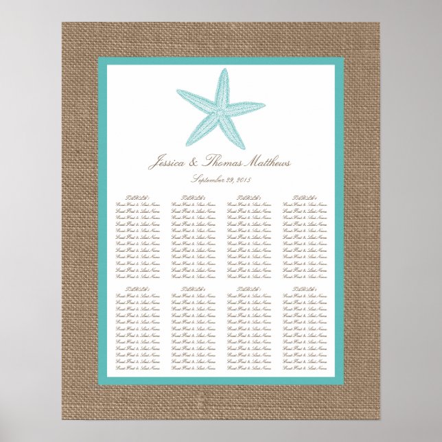 Turquoise Starfish Burlap Beach Wedding Collection Poster (Vorne)