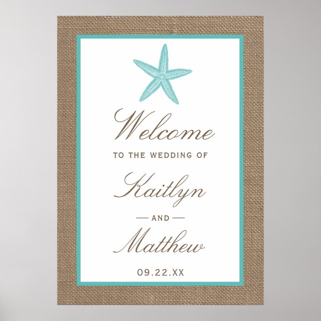 Turquoise Starfish Burlap Beach Wedding Collection Poster (Vorne)