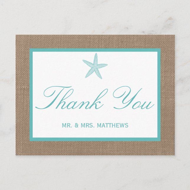 Turquoise Starfish Burlap Beach Wedding Collection Postkarte (Vorderseite)
