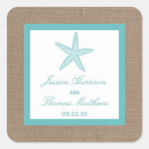 Turquoise Starfish Burlap Beach Wedding Collection Quadratischer Aufkleber