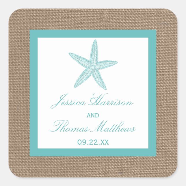 Turquoise Starfish Burlap Beach Wedding Collection Quadratischer Aufkleber (Vorderseite)