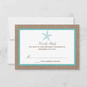 Turquoise Starfish Burlap Beach Wedding Collection RSVP Karte