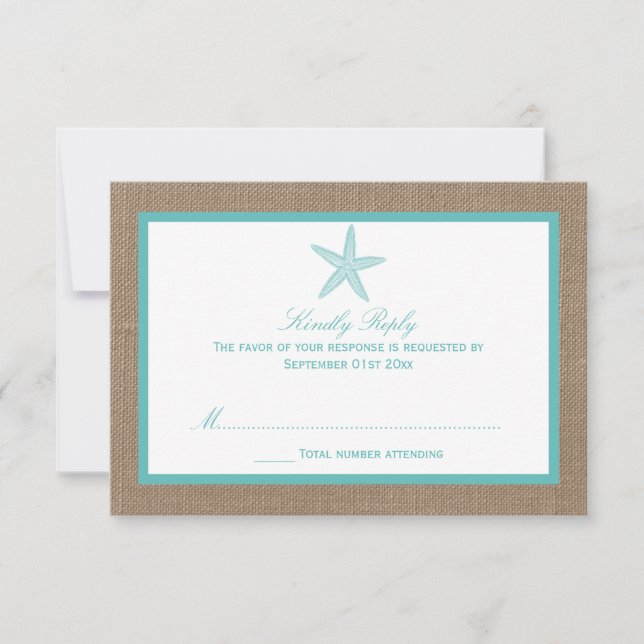 Turquoise Starfish Burlap Beach Wedding Collection RSVP Karte (Vorderseite)
