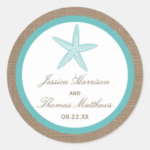 Turquoise Starfish Burlap Beach Wedding Collection Runder Aufkleber