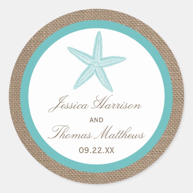 Turquoise Starfish Burlap Beach Wedding Collection Runder Aufkleber (Vorderseite)