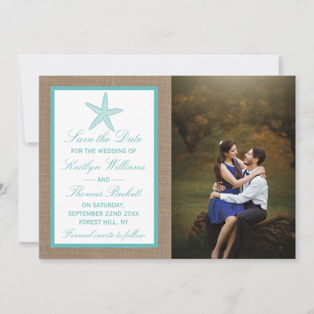 Turquoise Starfish Burlap Beach Wedding Collection Save The Date (Vorderseite)