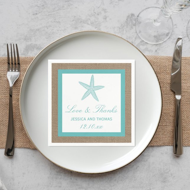 Turquoise Starfish Burlap Beach Wedding Collection Serviette (Von Creator hochgeladen)