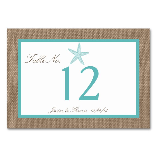 Turquoise Starfish Burlap Beach Wedding Collection Tischnummer (Vorderseite)
