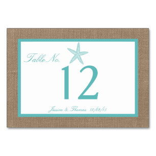 Turquoise Starfish Burlap Beach Wedding Collection Tischnummer