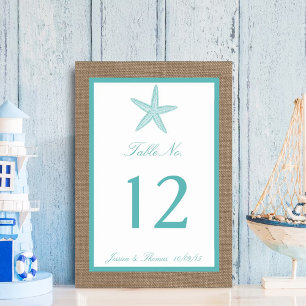Turquoise Starfish Burlap Beach Wedding Collection Tischnummer