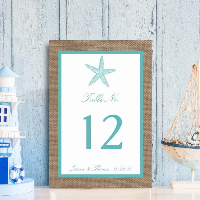 Turquoise Starfish Burlap Beach Wedding Collection Tischnummer (Von Creator hochgeladen)