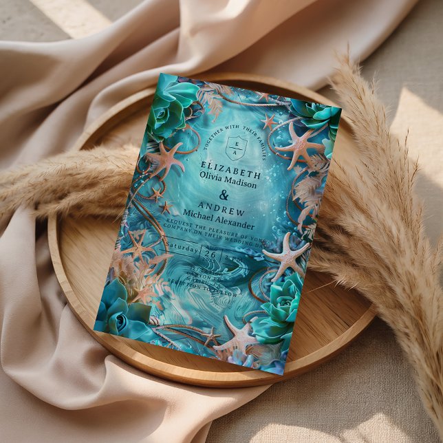 Turquoise Starfish Ocean Wedding Einladung (Von Creator hochgeladen)
