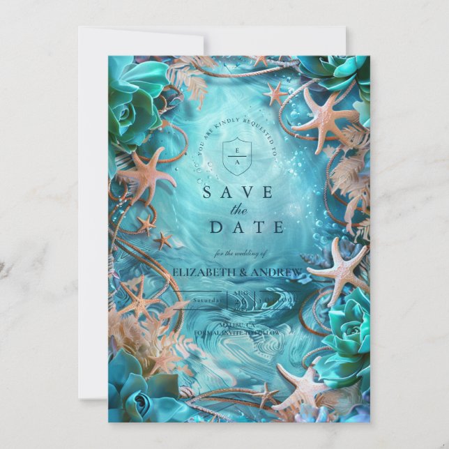 Turquoise Starfish Ocean Wedding Save The Date (Vorderseite)