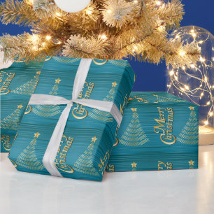 Turquoise Streifen und Gold Scribble Weihnachtsbau Geschenkpapier