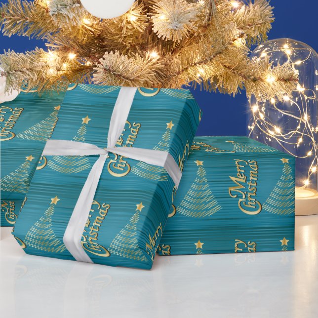 Turquoise Streifen und Gold Scribble Weihnachtsbau Geschenkpapier (Feiertage)
