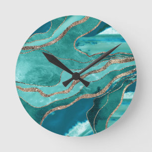 Turquoise Teal Marble Agate Gold Glitter Glam #1  Runde Wanduhr