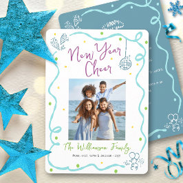 Turquoise Teal New Year Cheer Photo Hand Drawn Fun Feiertagskarte