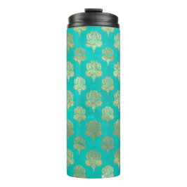 Turquoise und Gold Pfauengrunge Damask Thermosbecher