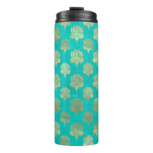 Turquoise und Gold Pfauengrunge Damask Thermosbecher