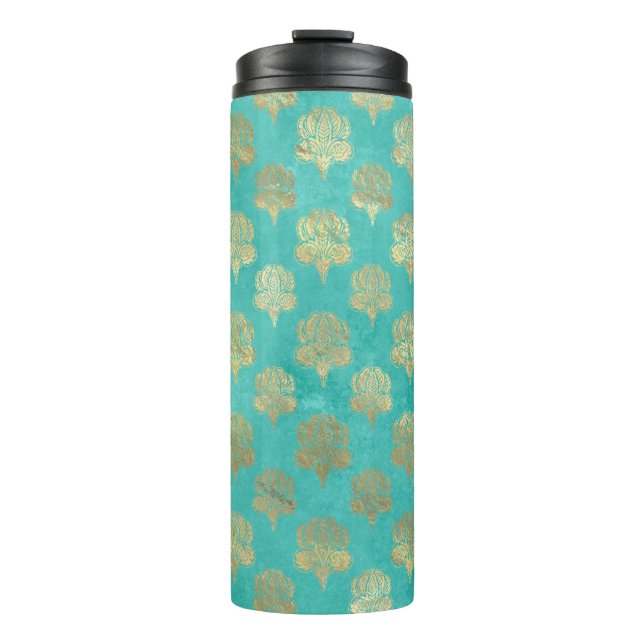 Turquoise und Gold Pfauengrunge Damask Thermosbecher (Vorderseite)
