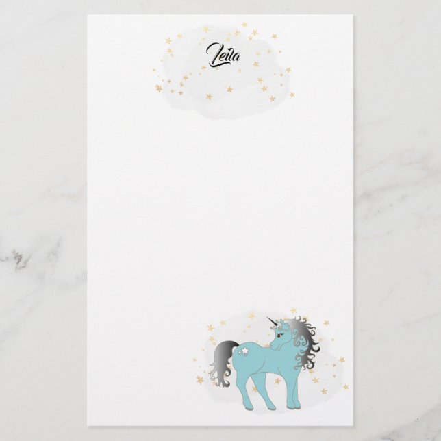 Turquoise Unicorn and Stars Stationery Briefpapier (Vorderseite)