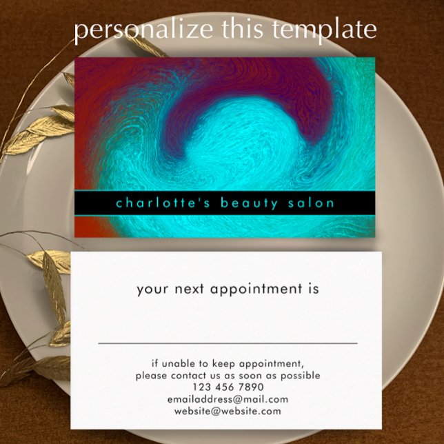 Turquoise Unique Modern Cool Hair Nail Salon Terminkarte (Customize this unique aqua swirl beauty salon appointment card template.)