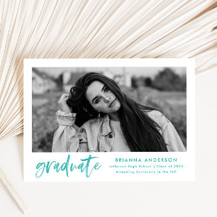 Turquoise Watercolor Brush Script Photo Graduation Ankündigung