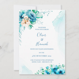 Turquoise Watercolor Floral Wedding Invitation Einladung