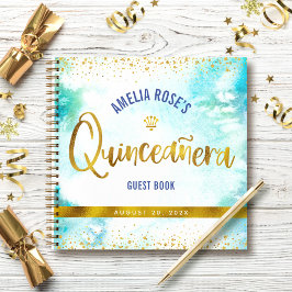 Turquoise Watercolor Gold Quinceñera Gästebuch Notizbuch