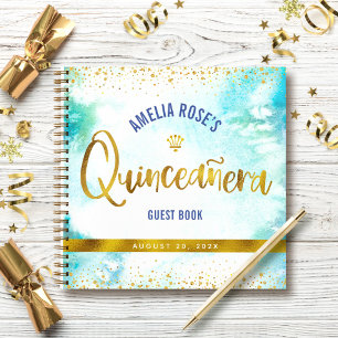 Turquoise Watercolor Gold Quinceñera Gästebuch Notizbuch